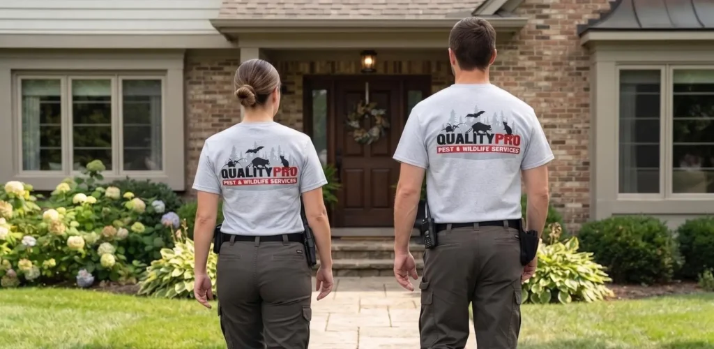 A rear-view photo of two Quality Pro pest control technicians walking toward a suburban house.